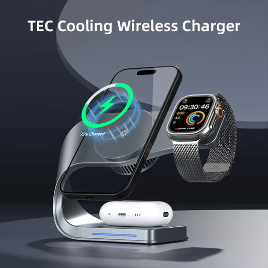 2025 3-in-1 Magnetic Wireless Charger Stand with Cooling Fan – 15W Fast Charging Aluminum Alloy Dock with LED Indicator