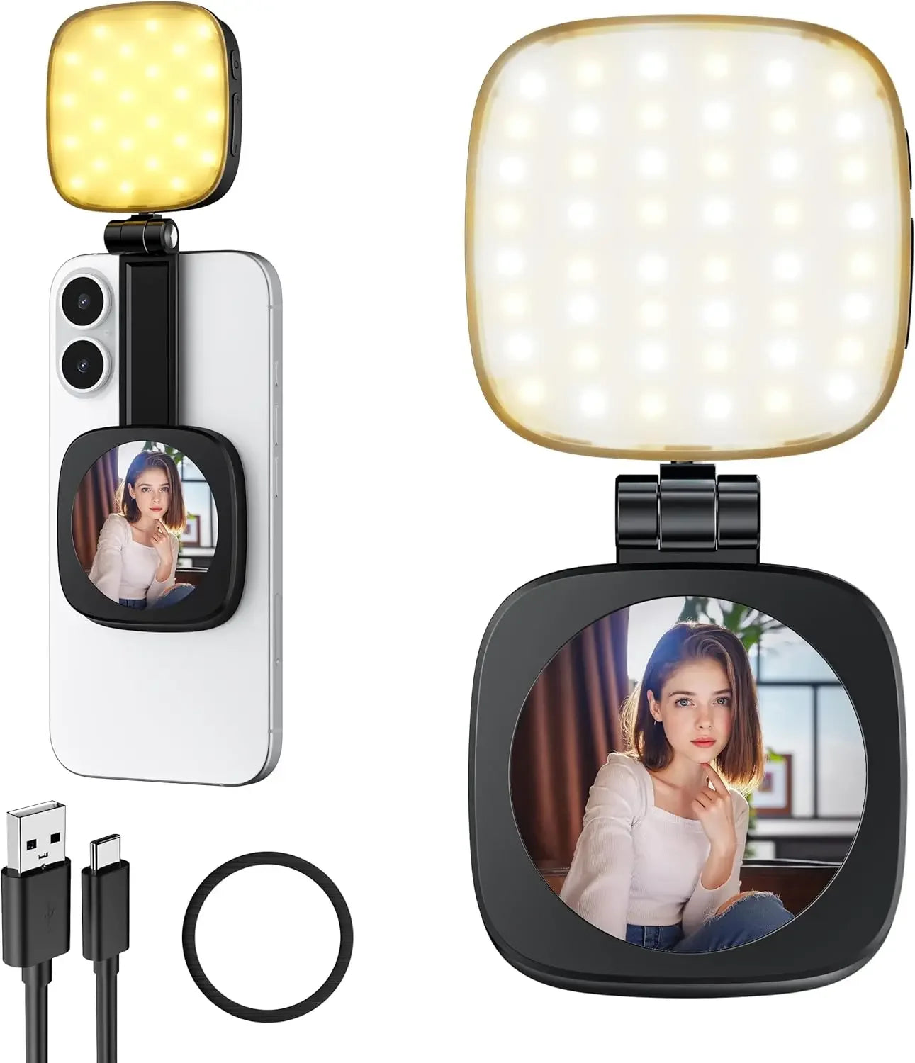 2-in-1 Folding Magnetic Selfie Light with Mirror – MagSafe LED Ring Fill Light for iPhone Video & Photography