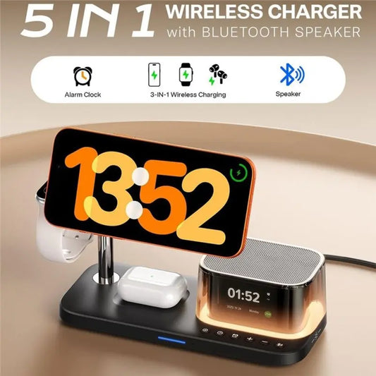B63B-5 in 1 Wireless Charging Station with Bluetooth Speaker, Alarm Clock & Night Light – Fast Charging Stand for Smartphones