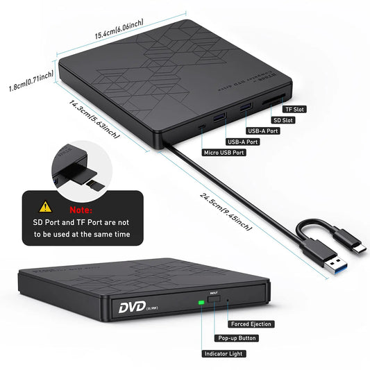 2026 External DVD Drive USB 3.0 & Type-C | CD/DVD ±RW Burner