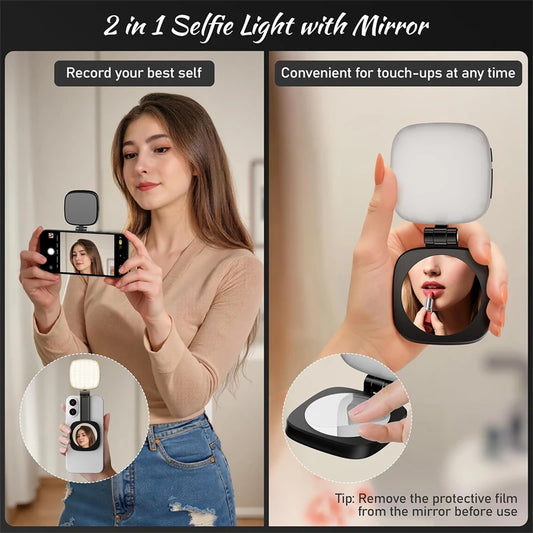 2-in-1 Folding Magnetic Selfie Light with Mirror – MagSafe LED Ring Fill Light for iPhone Video & Photography