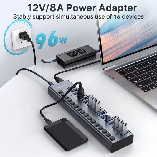 ACASIS USB 3.1 Hub 16/10/7 Port 10Gbps High-Speed Splitter with Individual Power Switch – LED Indicator for Desktop & MacBook Pro