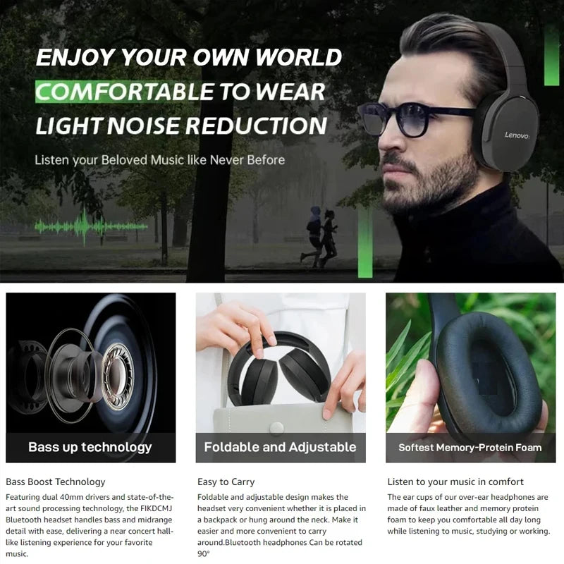 Lenovo Wireless Bluetooth 5.3 Over-Ear Headphones | HiFi Stereo | TF/AUX Music Player | HD Microphone | Sports & Daily Use Headset