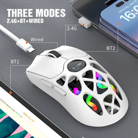 RaXUNFOX H16PRO Tri-Mode Wireless Gaming Mouse – 12000 DPI, Bluetooth, 2.4GHz & Wired RGB Gaming Mouse with 1KHz Polling Ratete, Rechargeable eSports Mouse