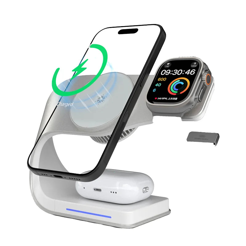 2025 3-in-1 Magnetic Wireless Charger Stand with Cooling Fan – 15W Fast Charging Aluminum Alloy Dock with LED Indicator