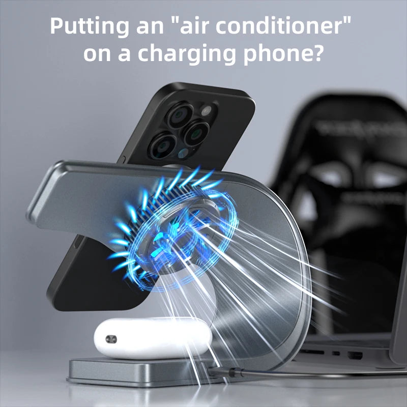 2025 3-in-1 Magnetic Wireless Charger Stand with Cooling Fan – 15W Fast Charging Aluminum Alloy Dock with LED Indicator