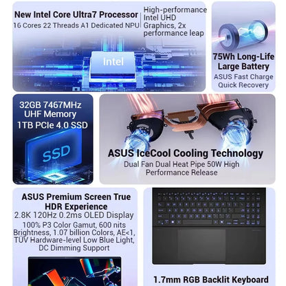 ASUS VivoBook Pro 15 OLED Laptop – Intel Core i7 Ultra, 2.8K OLED 120Hz, 32GB DDR5, 1TB SSD – Business & Portable Powerhouse