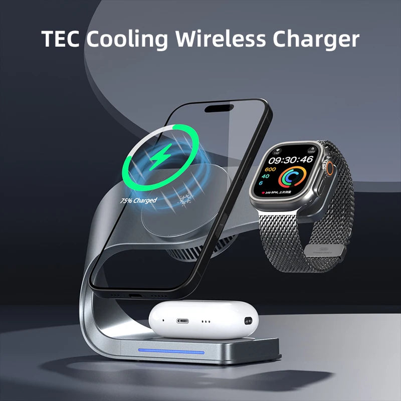 2025 3-in-1 Magnetic Wireless Charger Stand with Cooling Fan – 15W Fast Charging Aluminum Alloy Dock with LED Indicator