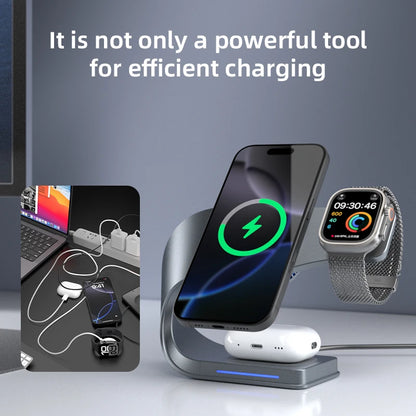 2025 3-in-1 Magnetic Wireless Charger Stand with Cooling Fan – 15W Fast Charging Aluminum Alloy Dock with LED Indicator