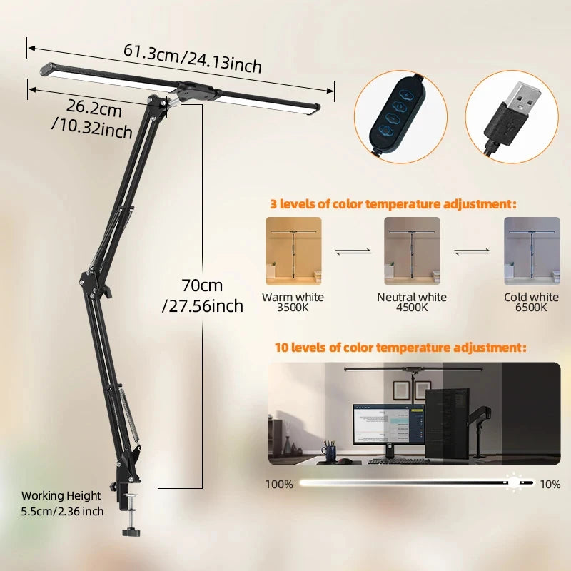 24W Double Head LED Desk Lamp – USB Dimmable Eye-Caring Reading Light for Office, Study & Wide Desk Setup