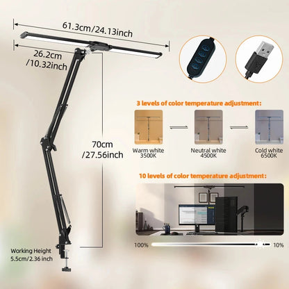 24W Double Head LED Desk Lamp – USB Dimmable Eye-Caring Reading Light for Office, Study & Wide Desk Setup