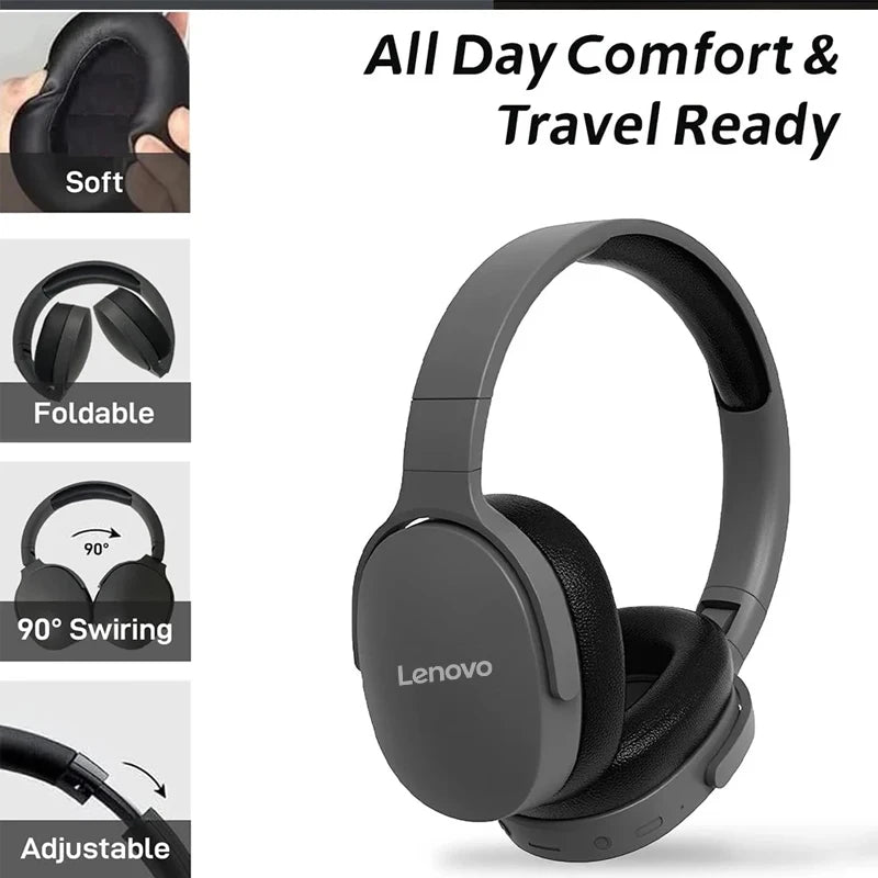 Lenovo Wireless Bluetooth 5.3 Over-Ear Headphones | HiFi Stereo | TF/AUX Music Player | HD Microphone | Sports & Daily Use Headset
