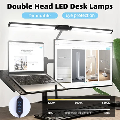 24W Double Head LED Desk Lamp – USB Dimmable Eye-Caring Reading Light for Office, Study & Wide Desk Setup