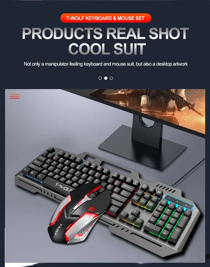 T-WOLF TF600 Backlit Gaming Keyboard and Mouse Combo – Wired 104-Key RGB Gaming Set for PC & Laptop