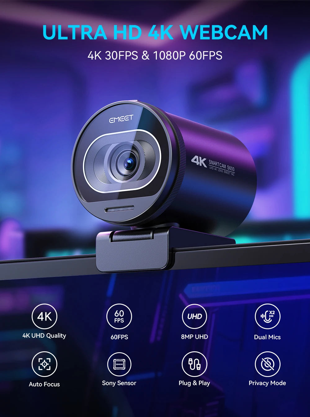 EMEET S600 4K Streaming Webcam – 1080P 60FPS USB Camera with Autofocus, Dual Microphones, AI Noise Reduction for YouTube, TikTok & Live Streaming