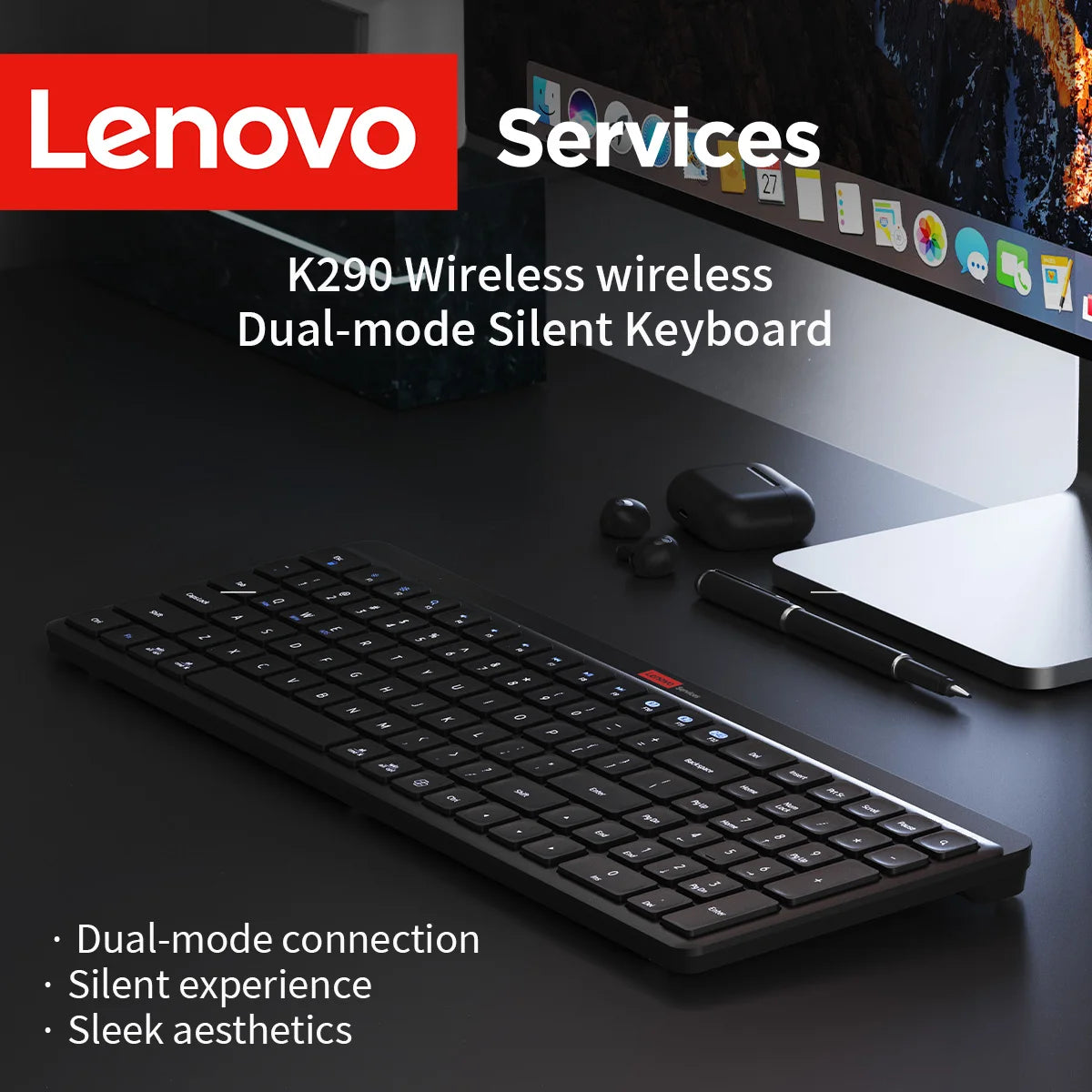 Lenovo Dual-Mode Wireless Rechargeable Keyboard – Bluetooth & 2.4GHz Multi-Device Office Keyboard with Long Battery Life for Business & Home