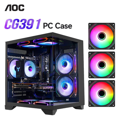 AOC CG391 MATX Gaming PC Case – Panoramic Sea View Tempered Glass Case with 3 RGB Fans & 240mm Liquid Cooling Support