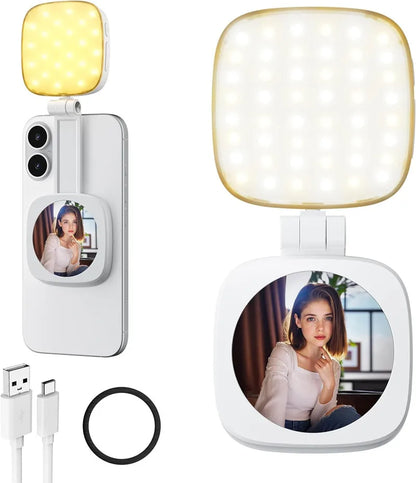 2-in-1 Folding Magnetic Selfie Light with Mirror – MagSafe LED Ring Fill Light for iPhone Video & Photography