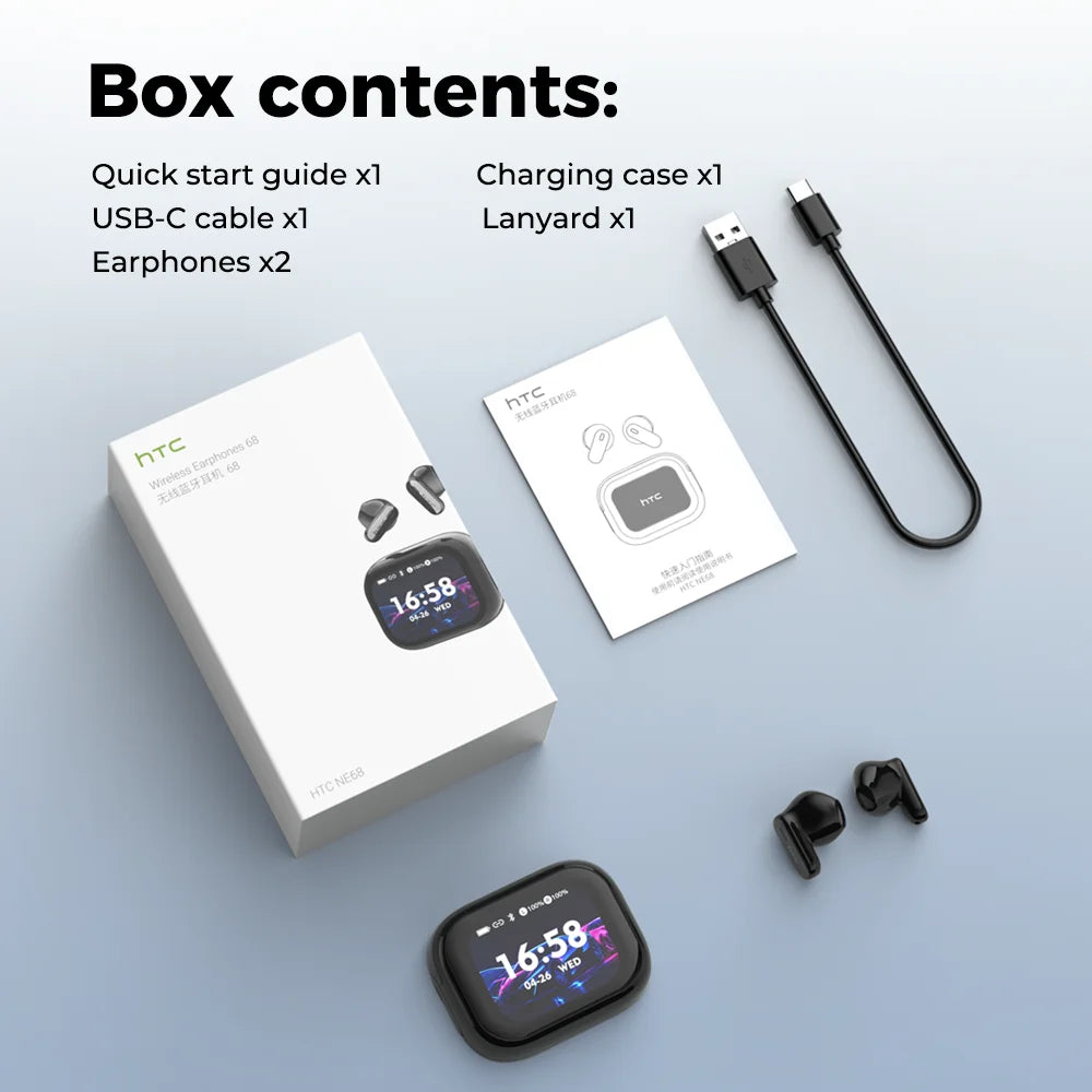 HTC NE68 Wireless Bluetooth Earbuds with HD Audio, 30-Hour Battery & Multi-Language Support
