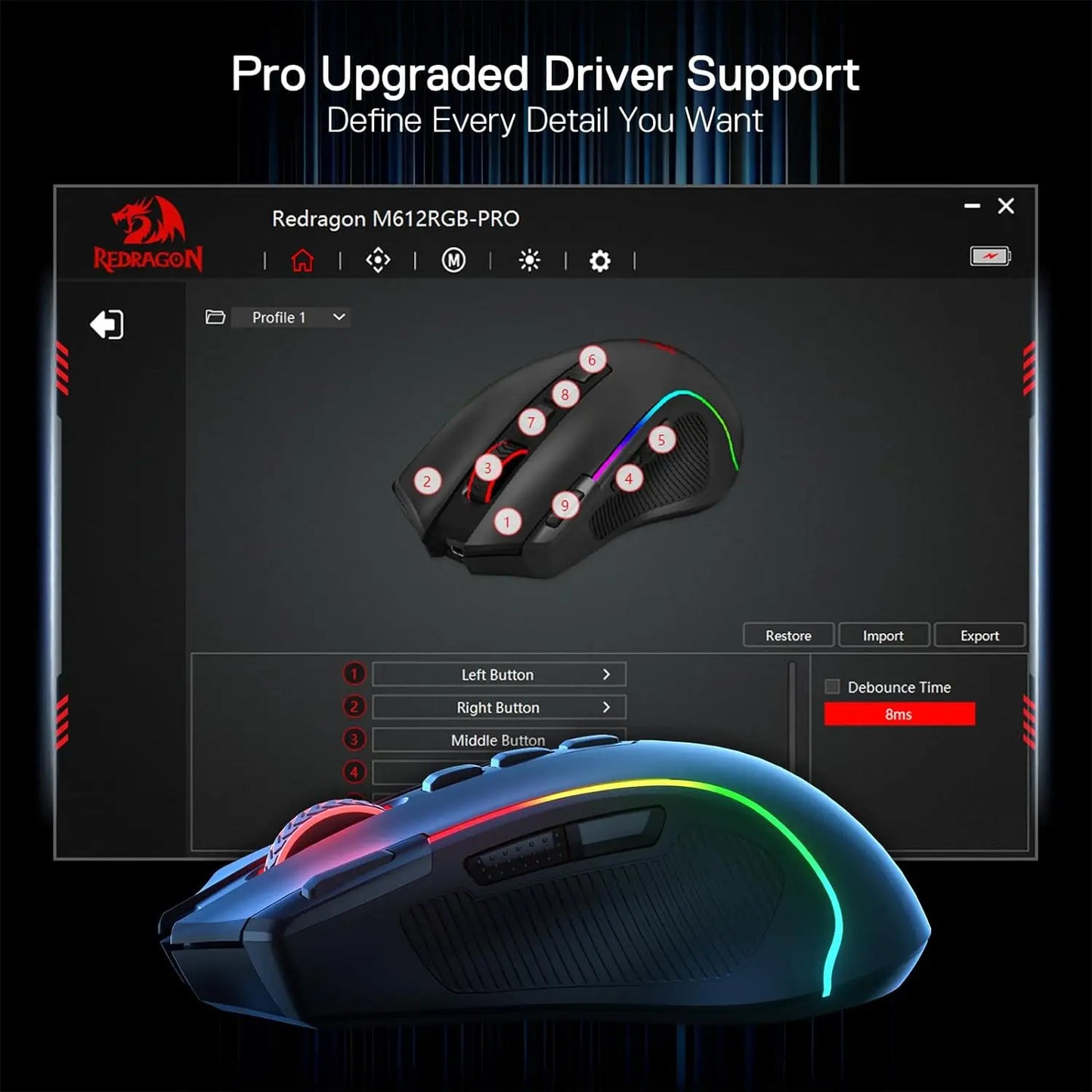 Redragon M612 PRO RGB Gaming Mouse – 8000 DPI, Wired & Wireless (Bluetooth + 2.4GHz), 11 Programmable Buttons, 6 Backlit Modes