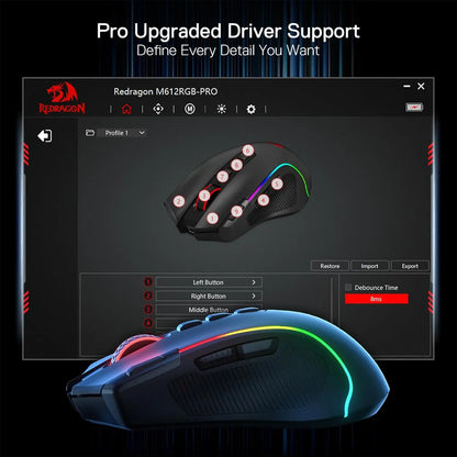 Redragon M612 PRO RGB Gaming Mouse – 8000 DPI, Wired & Wireless (Bluetooth + 2.4GHz), 11 Programmable Buttons, 6 Backlit Modes