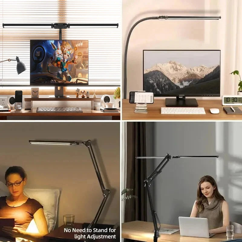 24W Double Head LED Desk Lamp – USB Dimmable Eye-Caring Reading Light for Office, Study & Wide Desk Setup