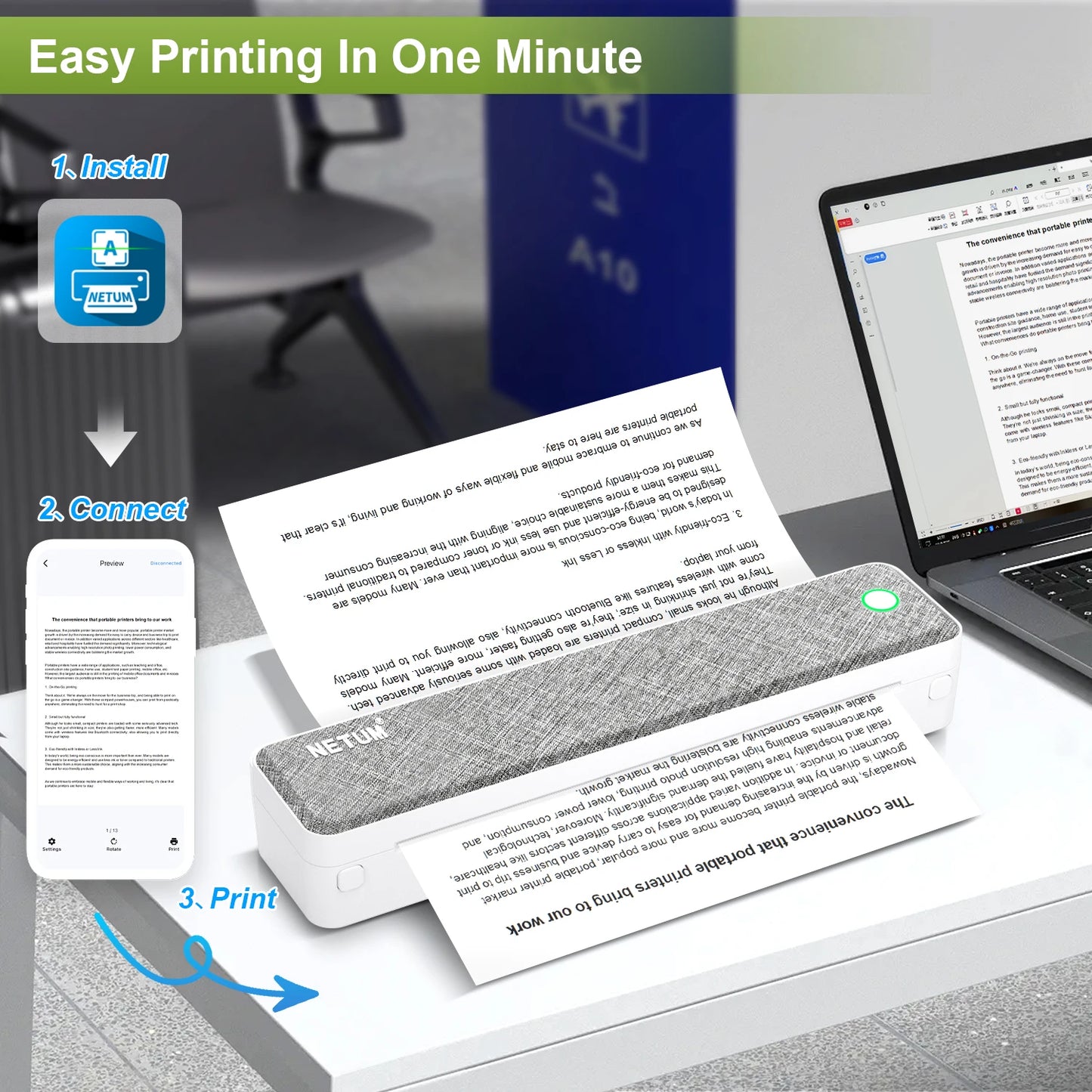 LT-P10 A4 Portable Thermal Printer – Bluetooth Inkless Business Travel Printer with Rechargeable Battery