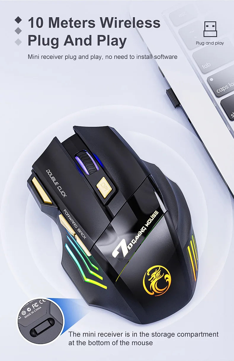 IMICE GW-X7 Wireless Gaming Mouse – Dual Mode 2.4G & Bluetooth, 3200 DPI, Rechargeable, 7-Button Silent Mouse with RGB Breathing LED