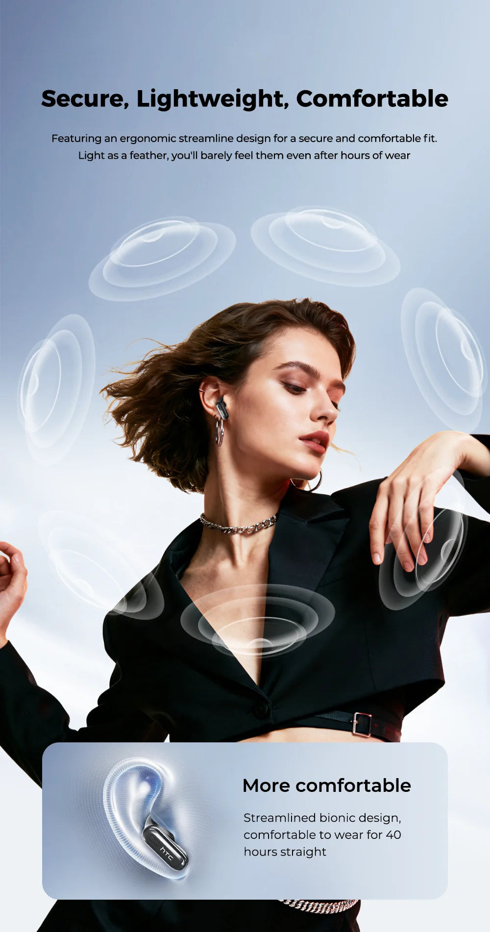 HTC NE68 Wireless Bluetooth Earbuds with HD Audio, 30-Hour Battery & Multi-Language Support