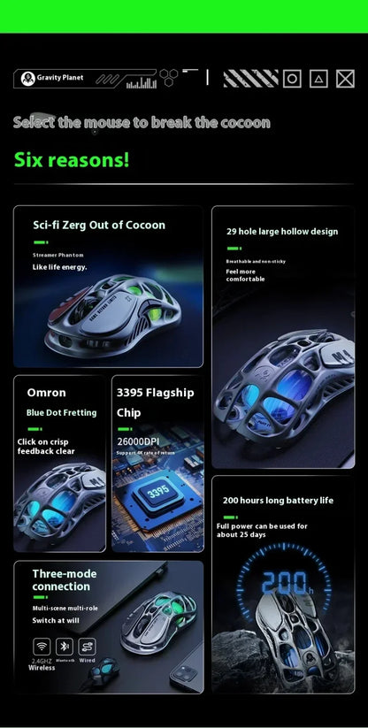 GravaStar M1/M2 Wireless Gaming Mouse – PAW3395 Sensor, 4K Polling, 26000 DPI, Magnesium Alloy Ultra-Light RGB Mouse