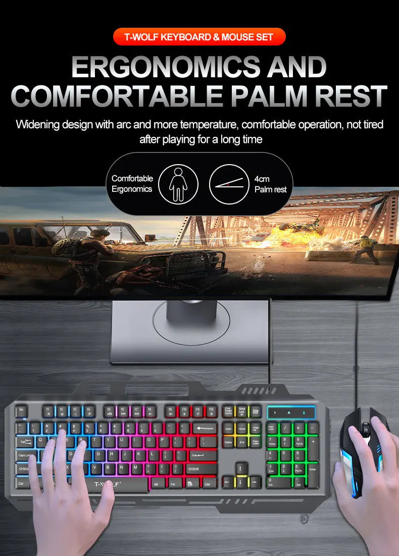T-WOLF TF600 Backlit Gaming Keyboard and Mouse Combo – Wired 104-Key RGB Gaming Set for PC & Laptop