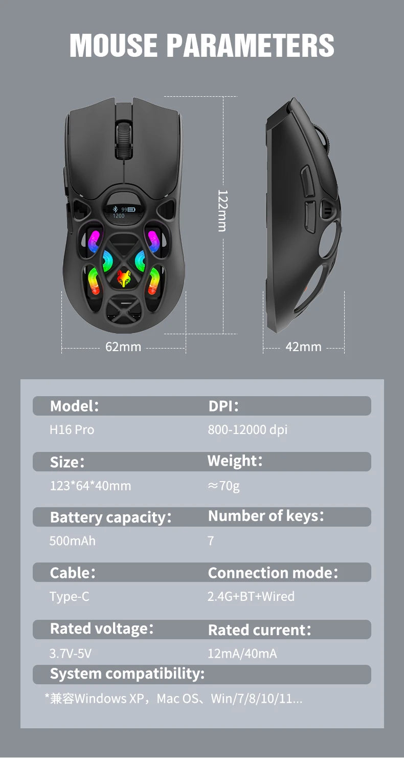 RaXUNFOX H16PRO Tri-Mode Wireless Gaming Mouse – 12000 DPI, Bluetooth, 2.4GHz & Wired RGB Gaming Mouse with 1KHz Polling Ratete, Rechargeable eSports Mouse