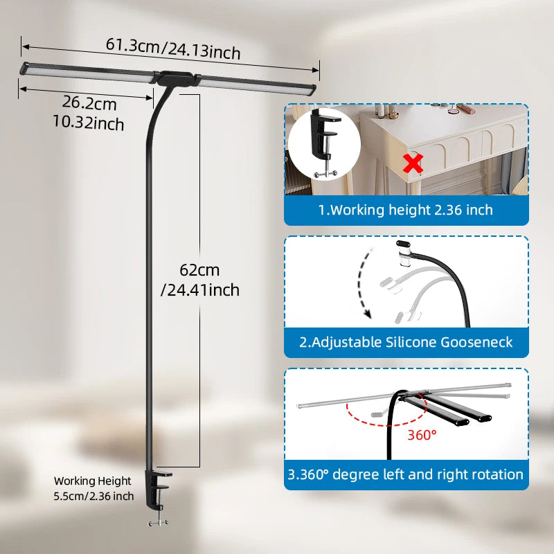 24W Double Head LED Desk Lamp – USB Dimmable Eye-Caring Reading Light for Office, Study & Wide Desk Setup