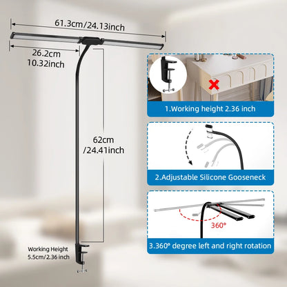 24W Double Head LED Desk Lamp – USB Dimmable Eye-Caring Reading Light for Office, Study & Wide Desk Setup