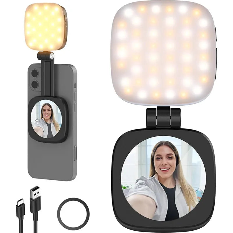 2-in-1 Folding Magnetic Selfie Light with Mirror – MagSafe LED Ring Fill Light for iPhone Video & Photography