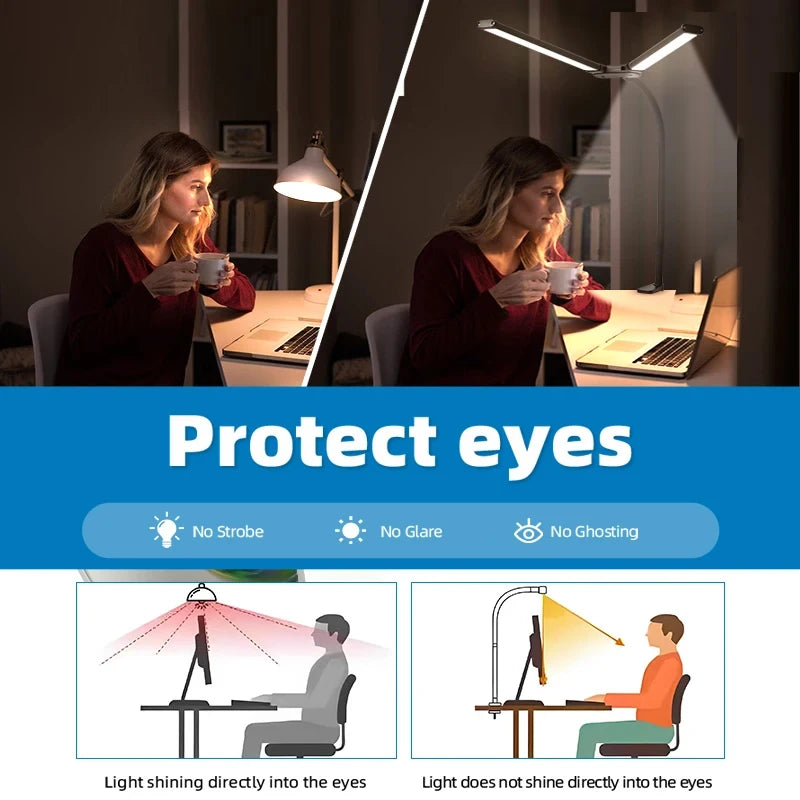 24W Double Head LED Desk Lamp – USB Dimmable Eye-Caring Reading Light for Office, Study & Wide Desk Setup