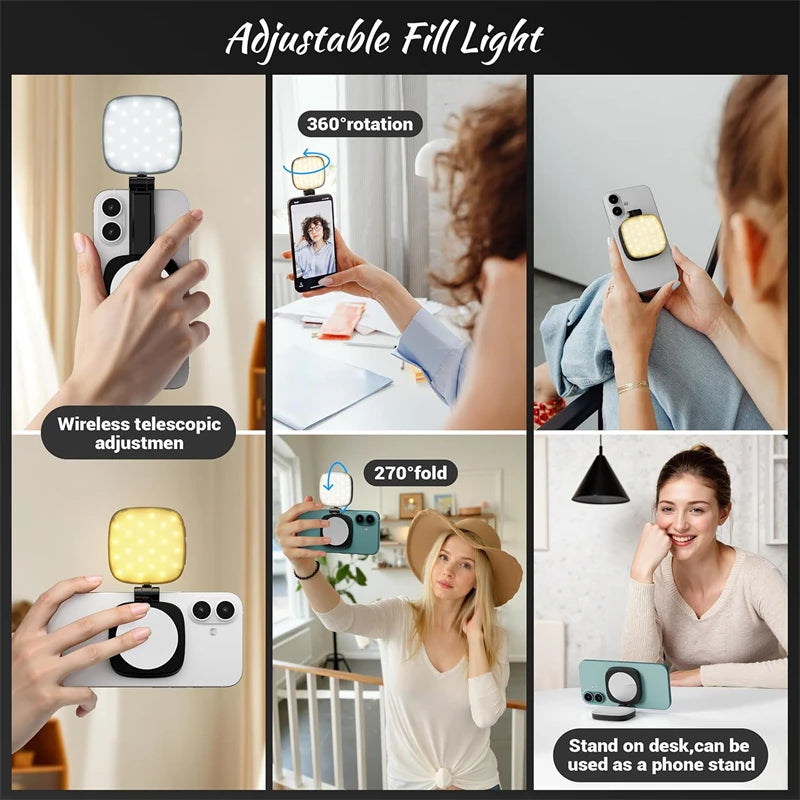 2-in-1 Folding Magnetic Selfie Light with Mirror – MagSafe LED Ring Fill Light for iPhone Video & Photography