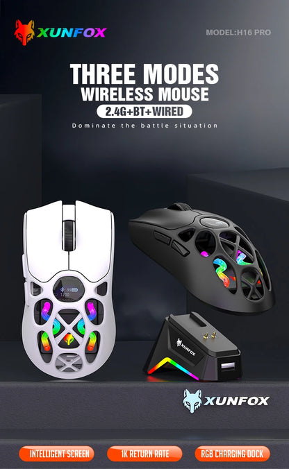 RaXUNFOX H16PRO Tri-Mode Wireless Gaming Mouse – 12000 DPI, Bluetooth, 2.4GHz & Wired RGB Gaming Mouse with 1KHz Polling Ratete, Rechargeable eSports Mouse