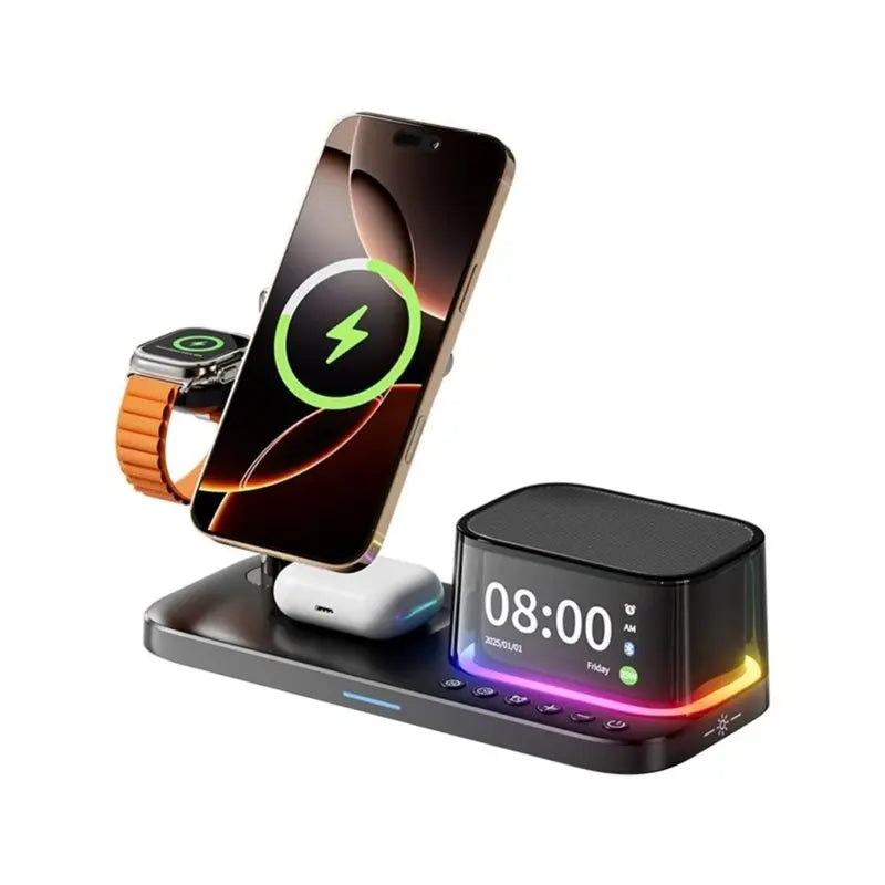 B63B-5 in 1 Wireless Charging Station with Bluetooth Speaker, Alarm Clock & Night Light – Fast Charging Stand for Smartphones
