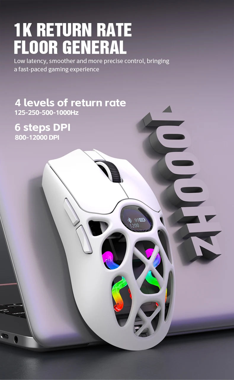 RaXUNFOX H16PRO Tri-Mode Wireless Gaming Mouse – 12000 DPI, Bluetooth, 2.4GHz & Wired RGB Gaming Mouse with 1KHz Polling Ratete, Rechargeable eSports Mouse