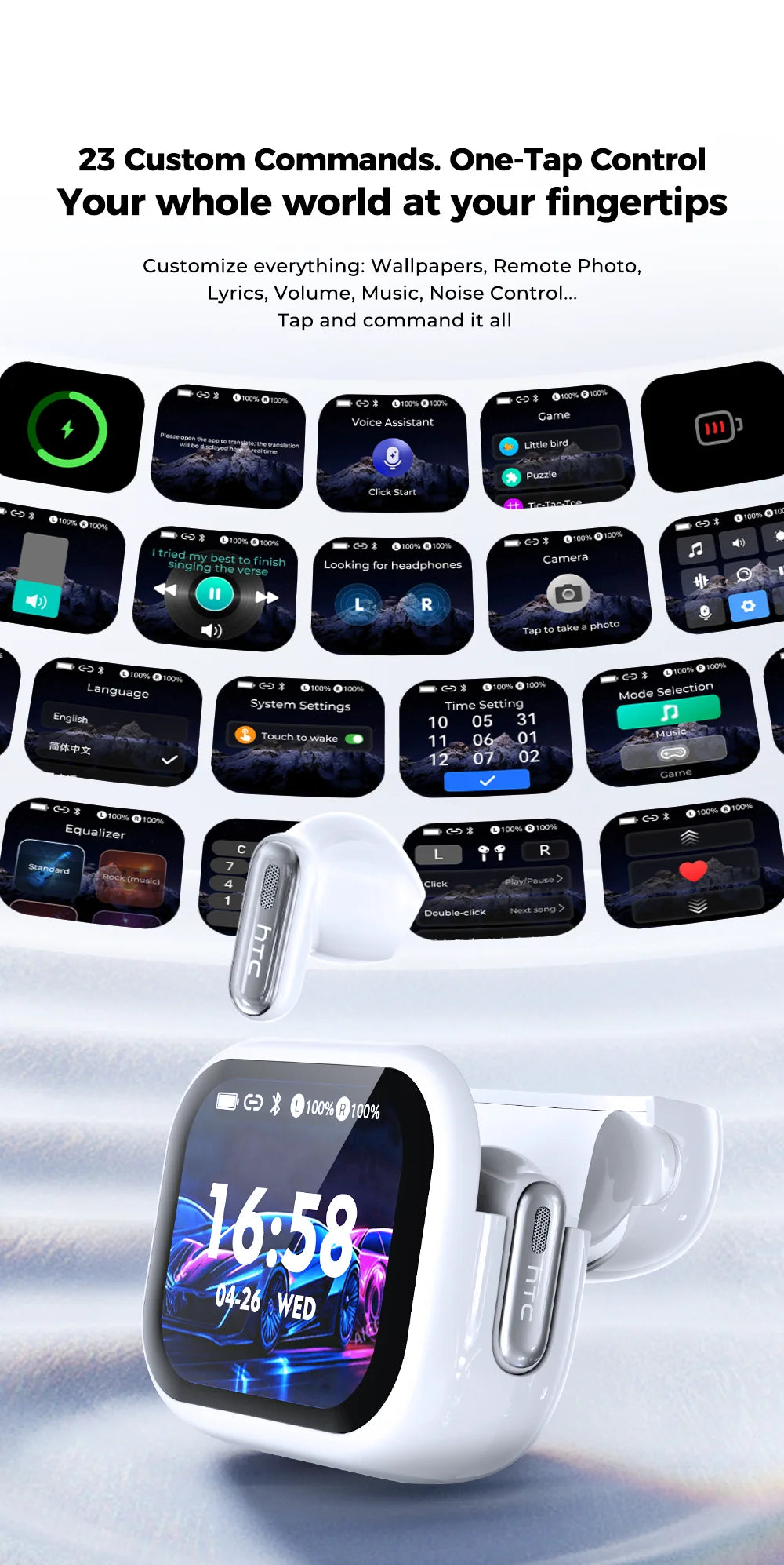 HTC NE68 Wireless Bluetooth Earbuds with HD Audio, 30-Hour Battery & Multi-Language Support