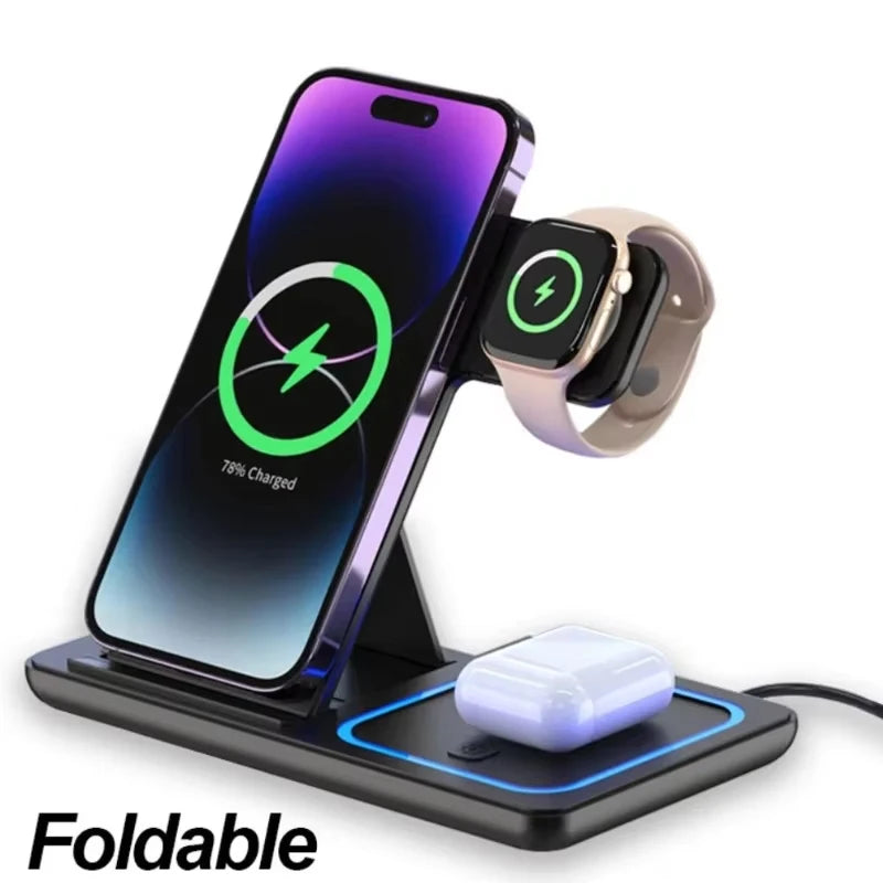 VIKEFON 3-in-1 Foldable Wireless Charging Station – Fast Charger Stand for iPhone, Apple Watch & AirPods