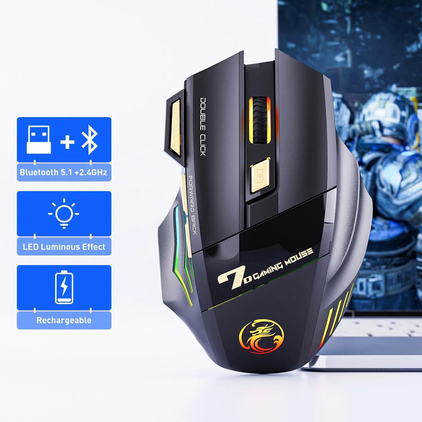 IMICE GW-X7 Wireless Gaming Mouse – Dual Mode 2.4G & Bluetooth, 3200 DPI, Rechargeable, 7-Button Silent Mouse with RGB Breathing LED