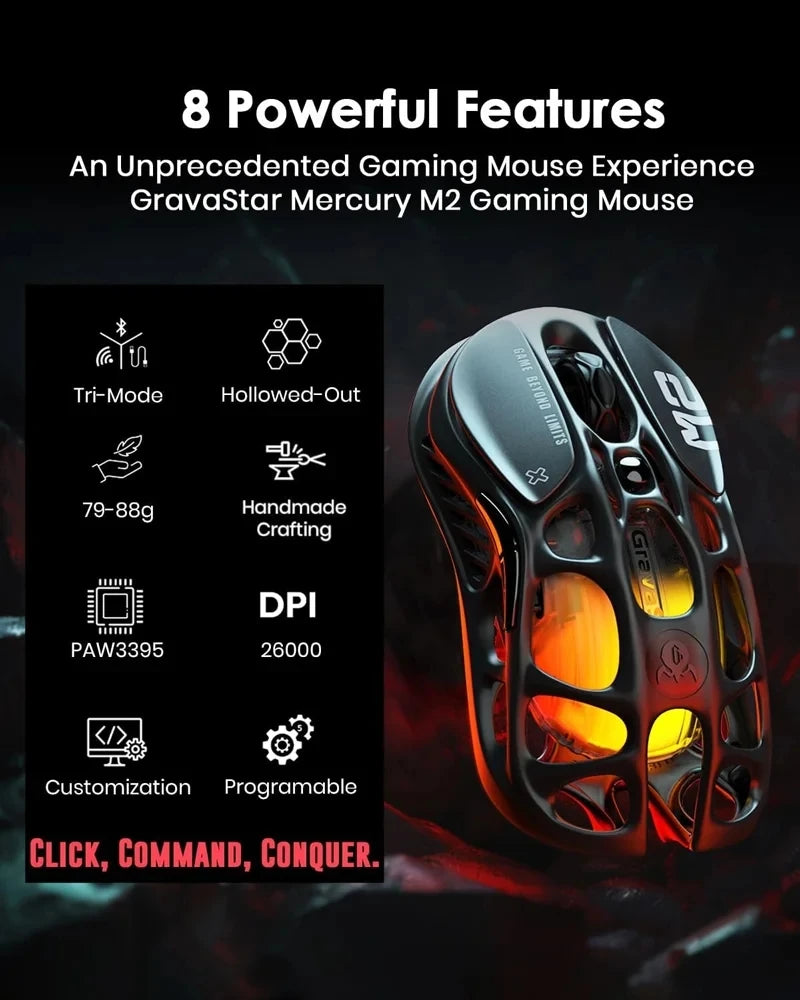 GravaStar M1/M2 Wireless Gaming Mouse – PAW3395 Sensor, 4K Polling, 26000 DPI, Magnesium Alloy Ultra-Light RGB Mouse