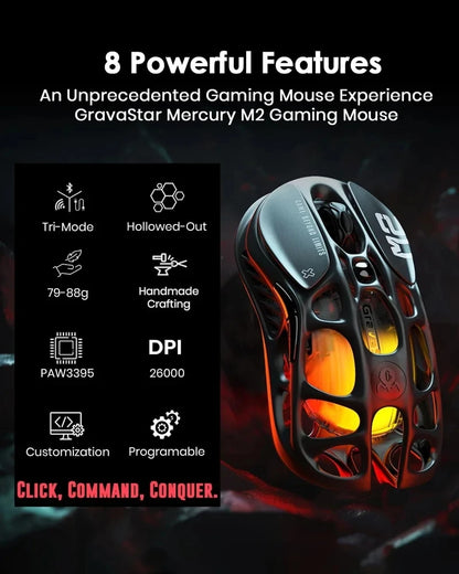 GravaStar M1/M2 Wireless Gaming Mouse – PAW3395 Sensor, 4K Polling, 26000 DPI, Magnesium Alloy Ultra-Light RGB Mouse