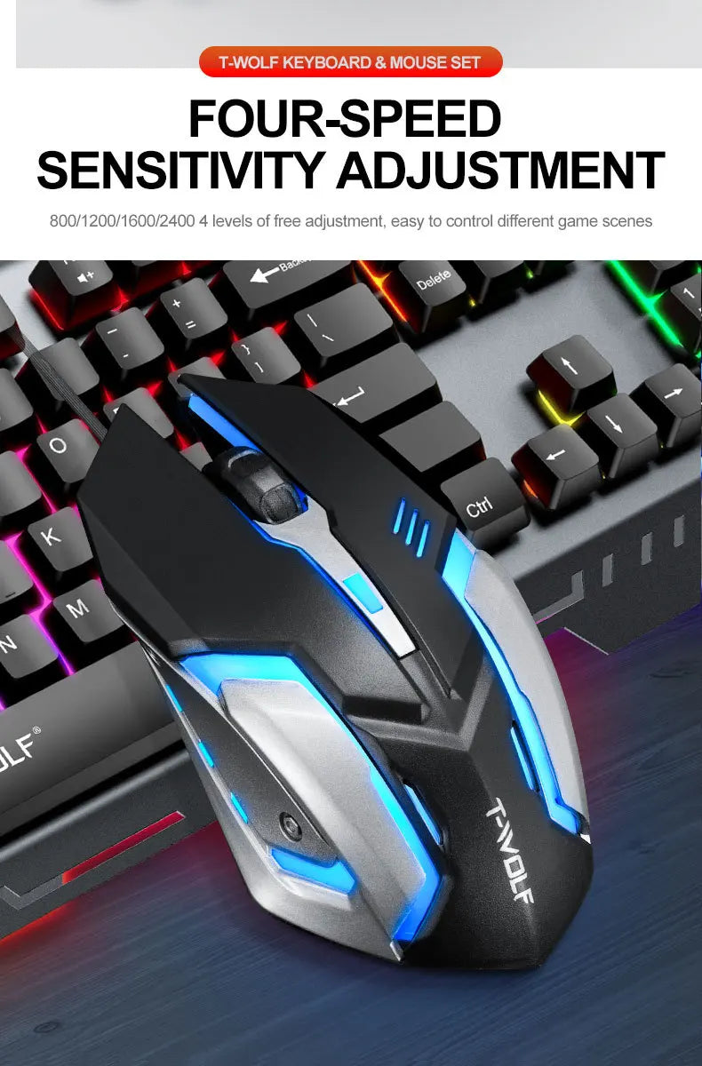 T-WOLF TF600 Backlit Gaming Keyboard and Mouse Combo – Wired 104-Key RGB Gaming Set for PC & Laptop