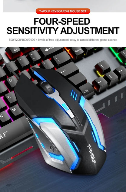 T-WOLF TF600 Backlit Gaming Keyboard and Mouse Combo – Wired 104-Key RGB Gaming Set for PC & Laptop