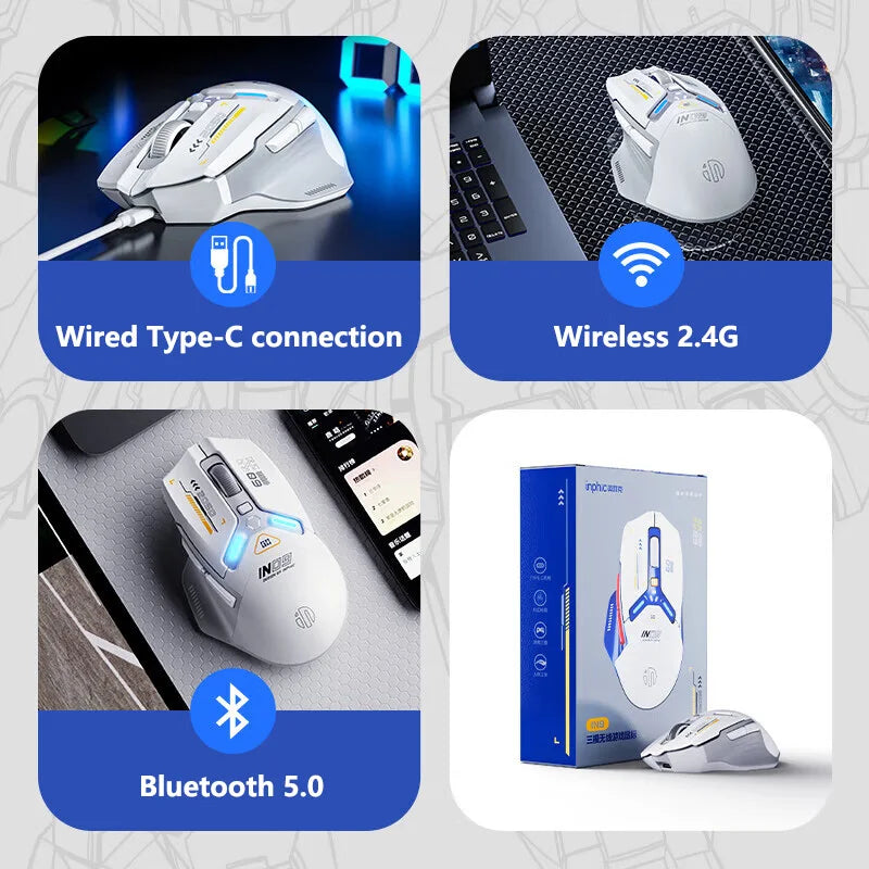 INPHIC IN9 Upgraded Wireless Gaming Mouse – High DPI Tri-Mode (2.4G + Bluetooth + Type-C Wired), RGB Light, Macro Programmable E-Sports Mouse for PC