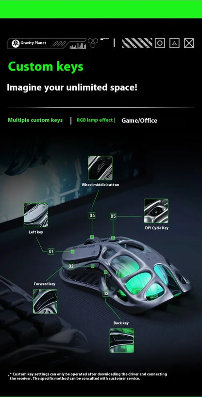 GravaStar M1/M2 Wireless Gaming Mouse – PAW3395 Sensor, 4K Polling, 26000 DPI, Magnesium Alloy Ultra-Light RGB Mouse
