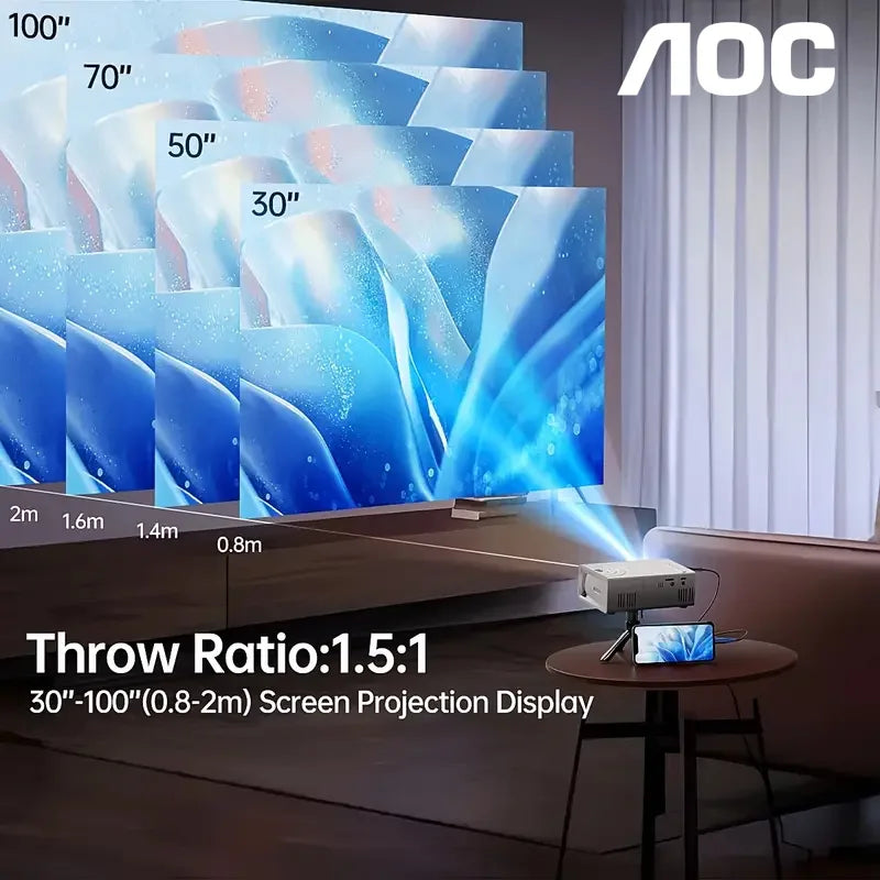 AOC Mini Projector – Full HD 1080P Portable WiFi & Bluetooth Home Theater Projector with HDMI & USB